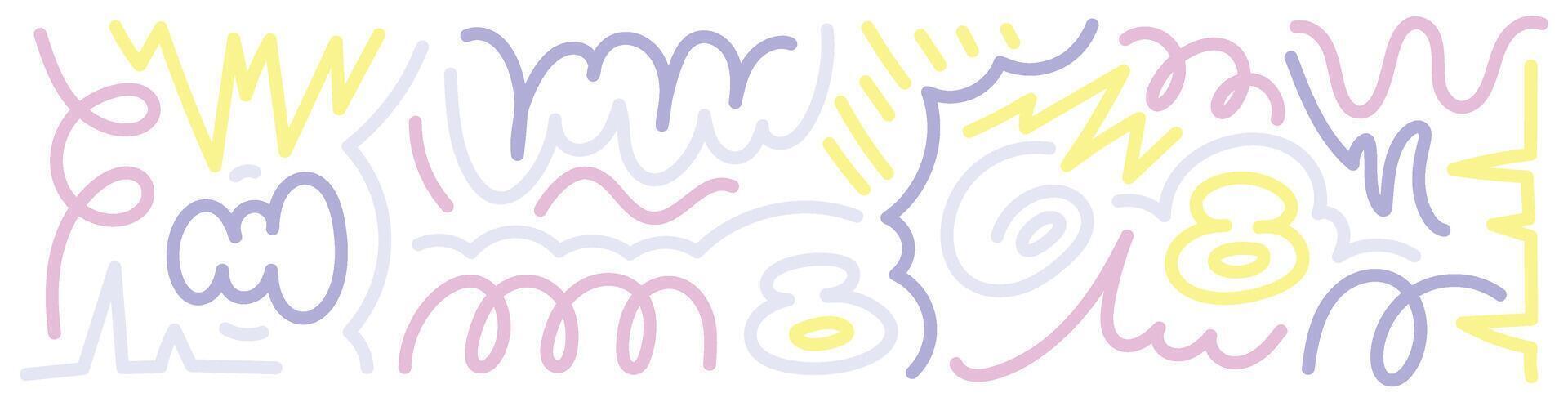 Fun pattern for kids with colorful shapes and confetti. Abstract background with scribbles and lines. Flat illustration isolated vector