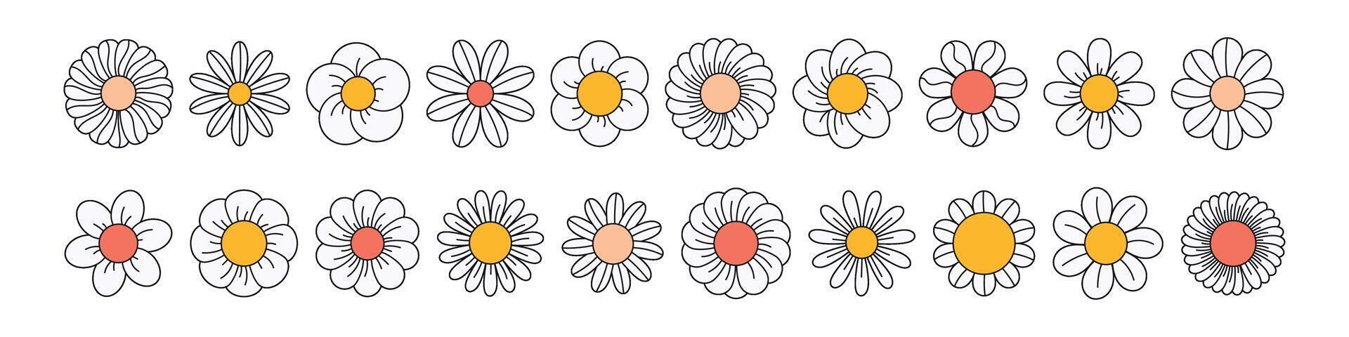 Retro flower with groovy daisy face and cute smile. 70s cartoon pattern with happy character. Psychedelic floral and hippy icon. Flat illustration isolated on white background. vector