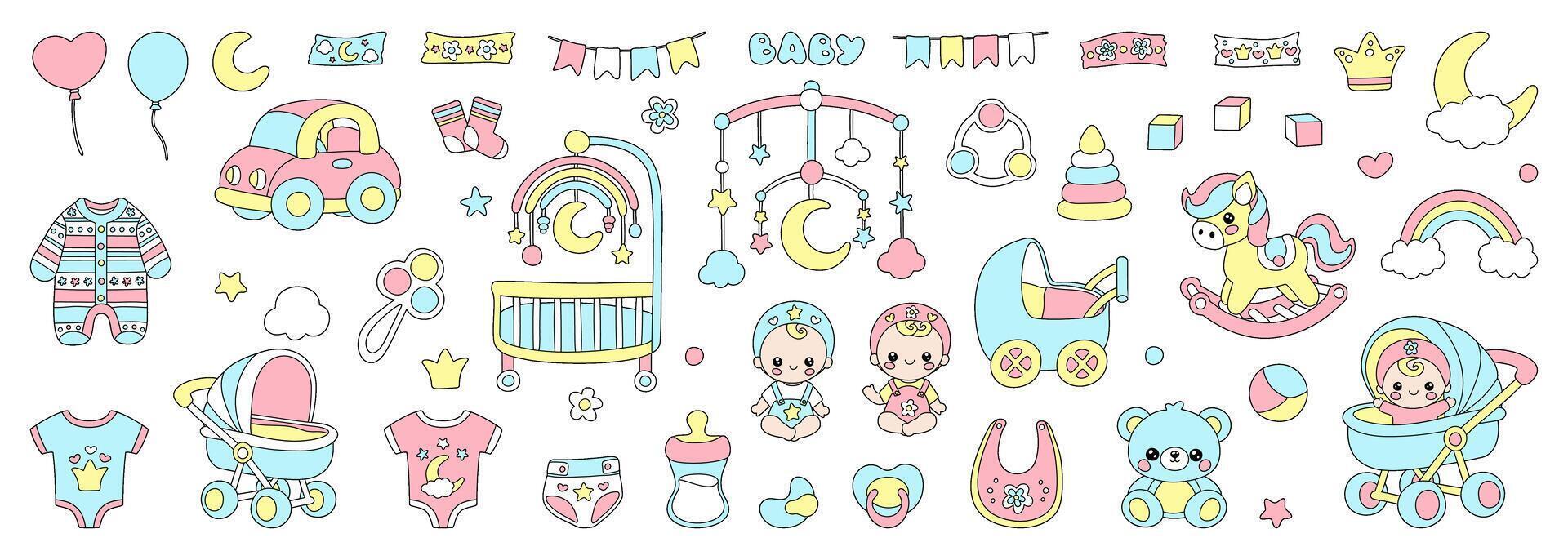 Baby care icon set for newborn girls and boys. Cartoon nursery pastel collection with toys, rocking horse, cradle and clothes for kindergarten. illustration isolated on white background. vector