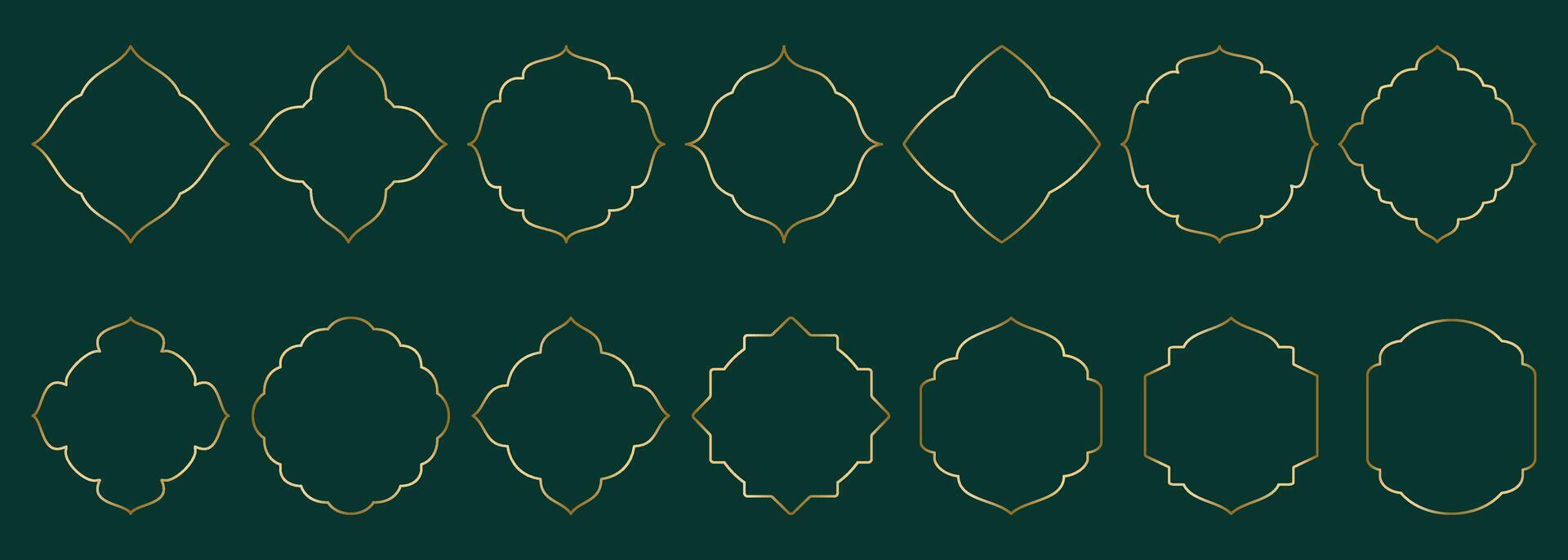 Gold thin geometric ornamental frame, round and square shapes Islamic window, silhouette Arabic rhombus. Luxury set in oriental style. Frames in Arabic Muslim design illustration vector