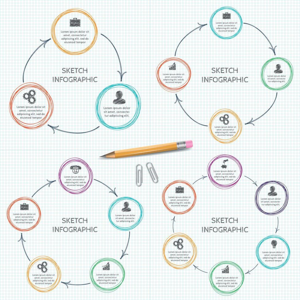 Doodle circle elements with arrows for infographic. Template for cycling diagram, graph, presentation and round chart. Business concept with 3, 4, 5, 6 options, parts, steps or processes. vector