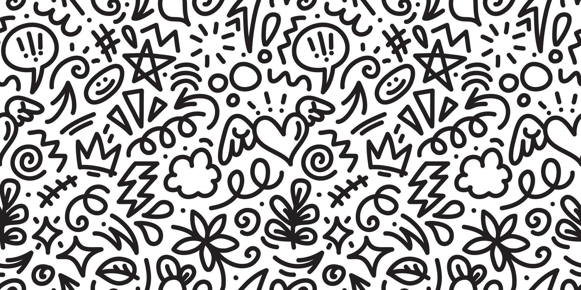 Seamless pattern hand drawn set elements, abstract arrows, ribbons, hearts, stars, crowns and other elements in hand drawn style for concept design. Scribble illustration. vector