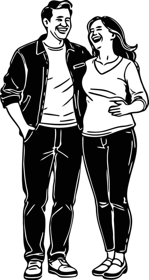 Happy couple smiling black and white illustration vector