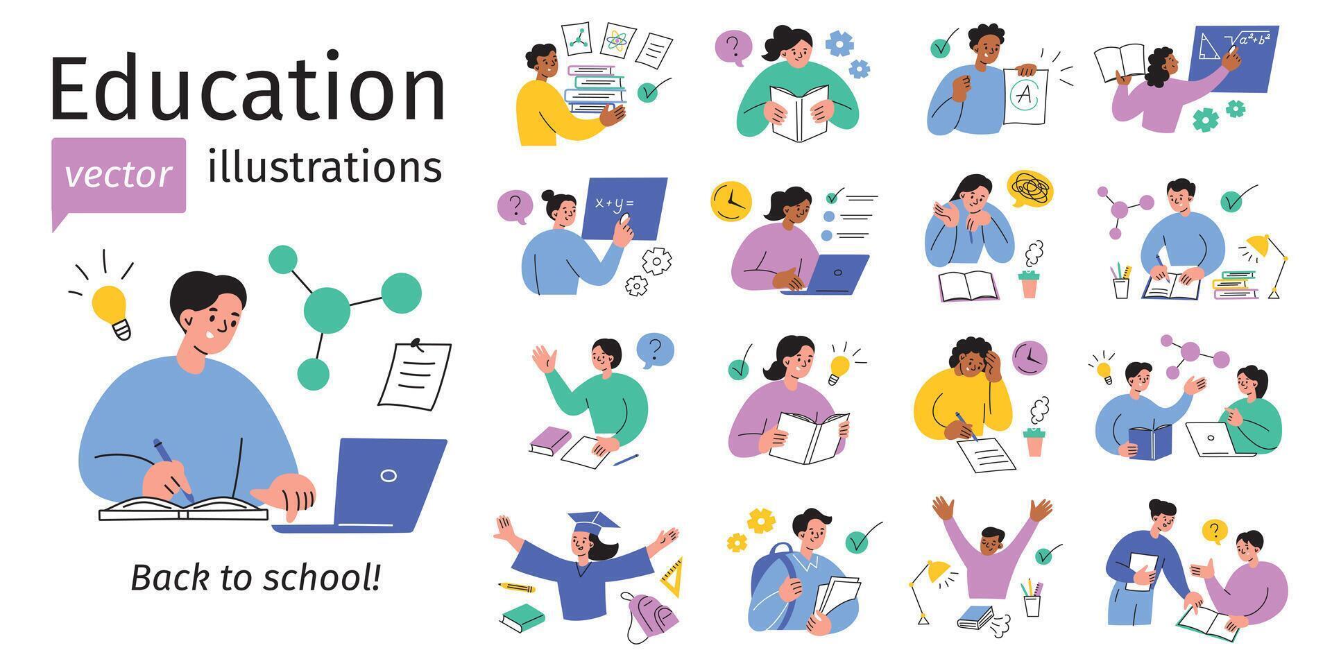 Education illustrations set, collection of school children scenes. Studying, exams, homework, academic life, classroom activities. Students reading, writing, doing science, math. Back to school vector