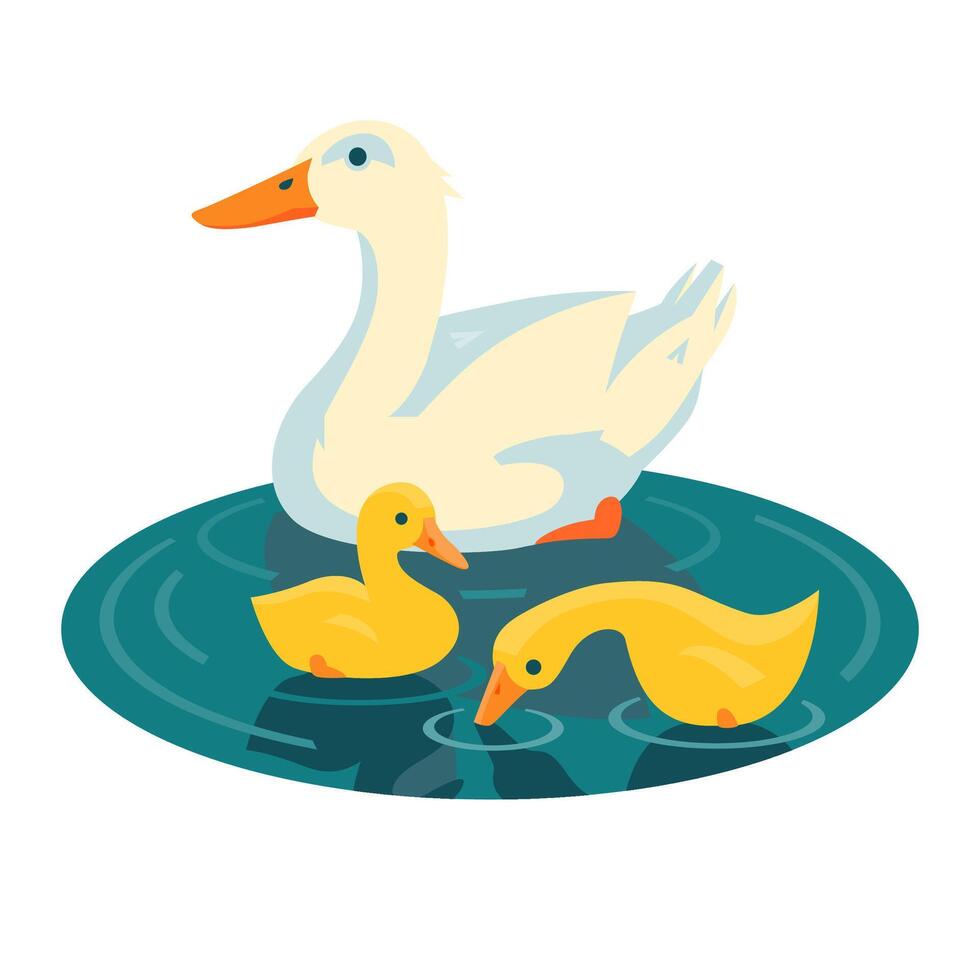 Duck swimming with two ducklings funny illustration cartoon style vector