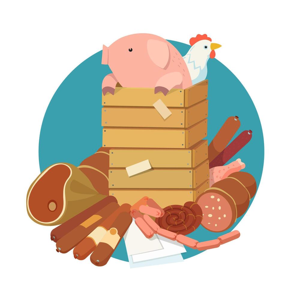Pig and chicken in box with sausages vector