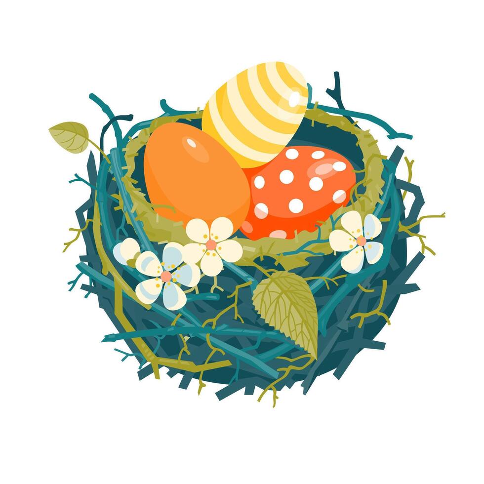 Nest with eggs and spring flowers illustration vector