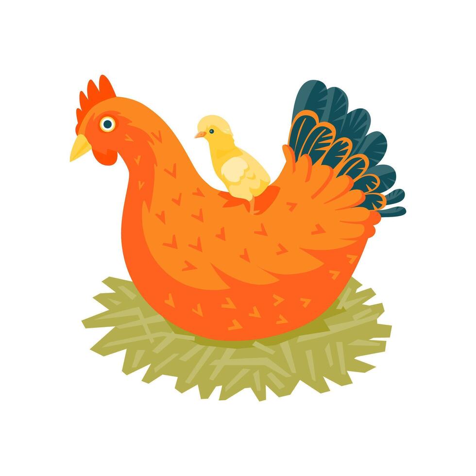 Red chicken hen in nest with a yellow chick illustration cartoon style vector