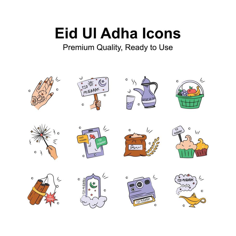 Take a look at creative eid ul adha icons in hand drawn doodle stylee vector