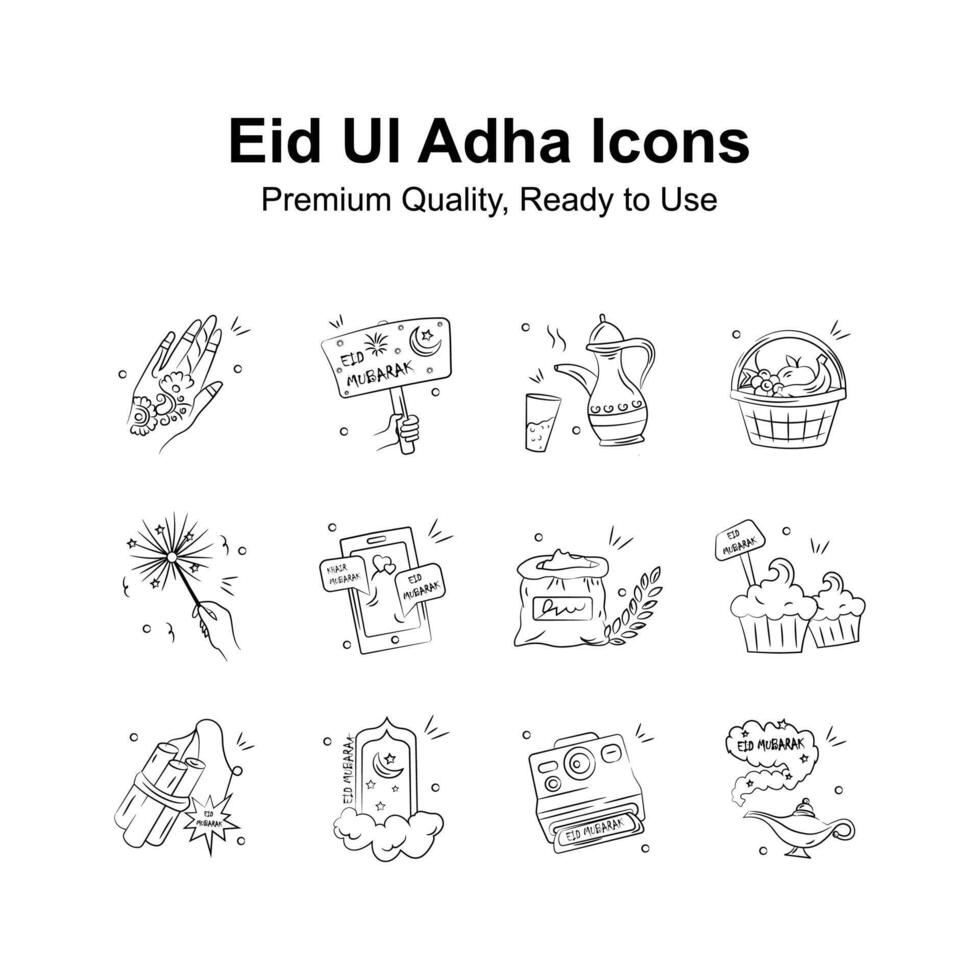 Take a look at creative eid ul adha icons in hand drawn doodle stylee vector