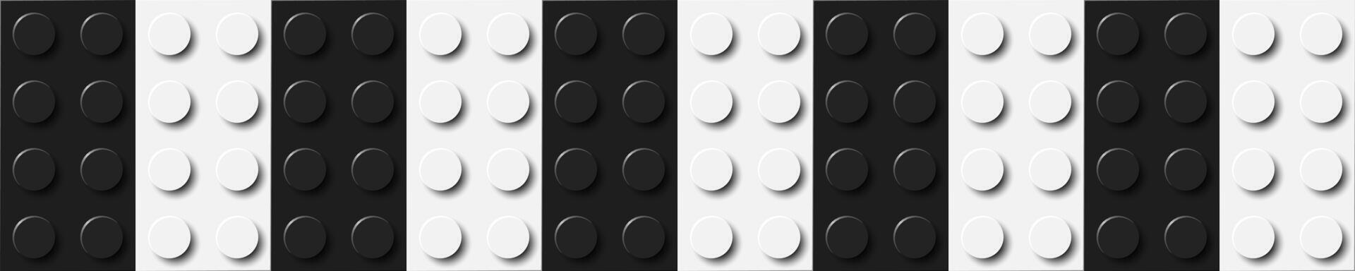 Background of bricks in black and white colors. Many plastic building toy blocks banner. Close-up of a colorful bricks viewed from above. Abstract background illustration vector