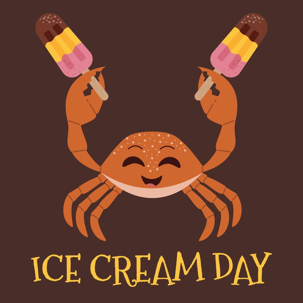 Ice Cream Day. A cute crab holding two popsicles on a stick. Summer illustration for your design, stickers, banners vector