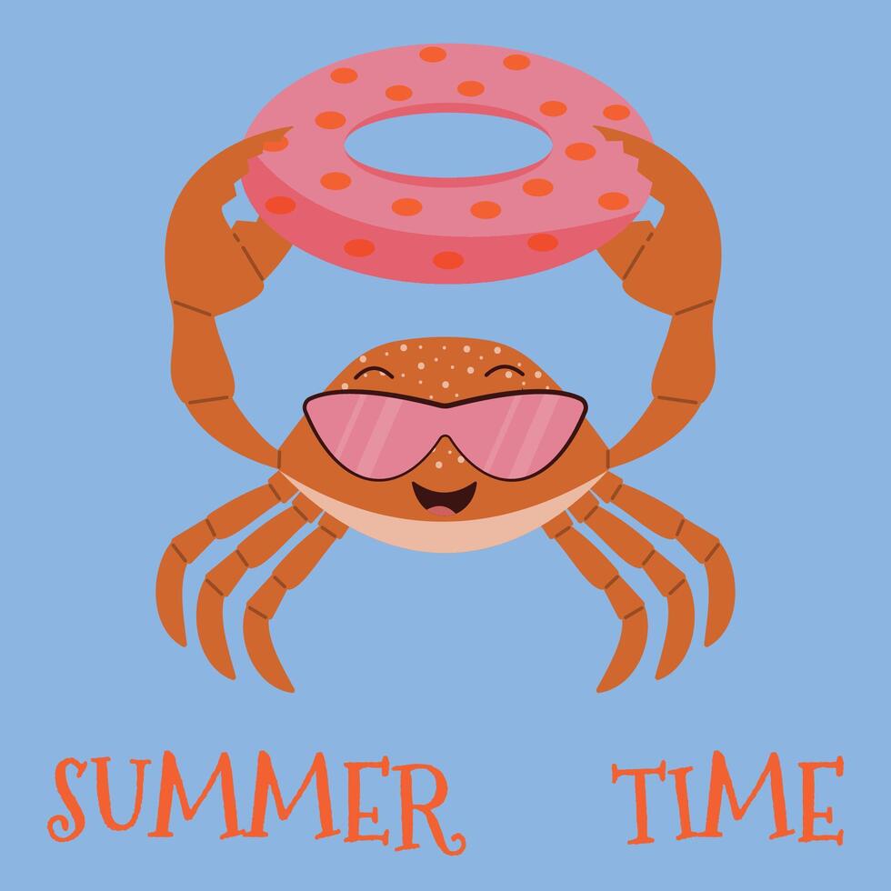 Cute Crab on the beach. Summer time. Cartoon funny illustration of a crab wearing sunglasses and holding an inflatable circle. vector