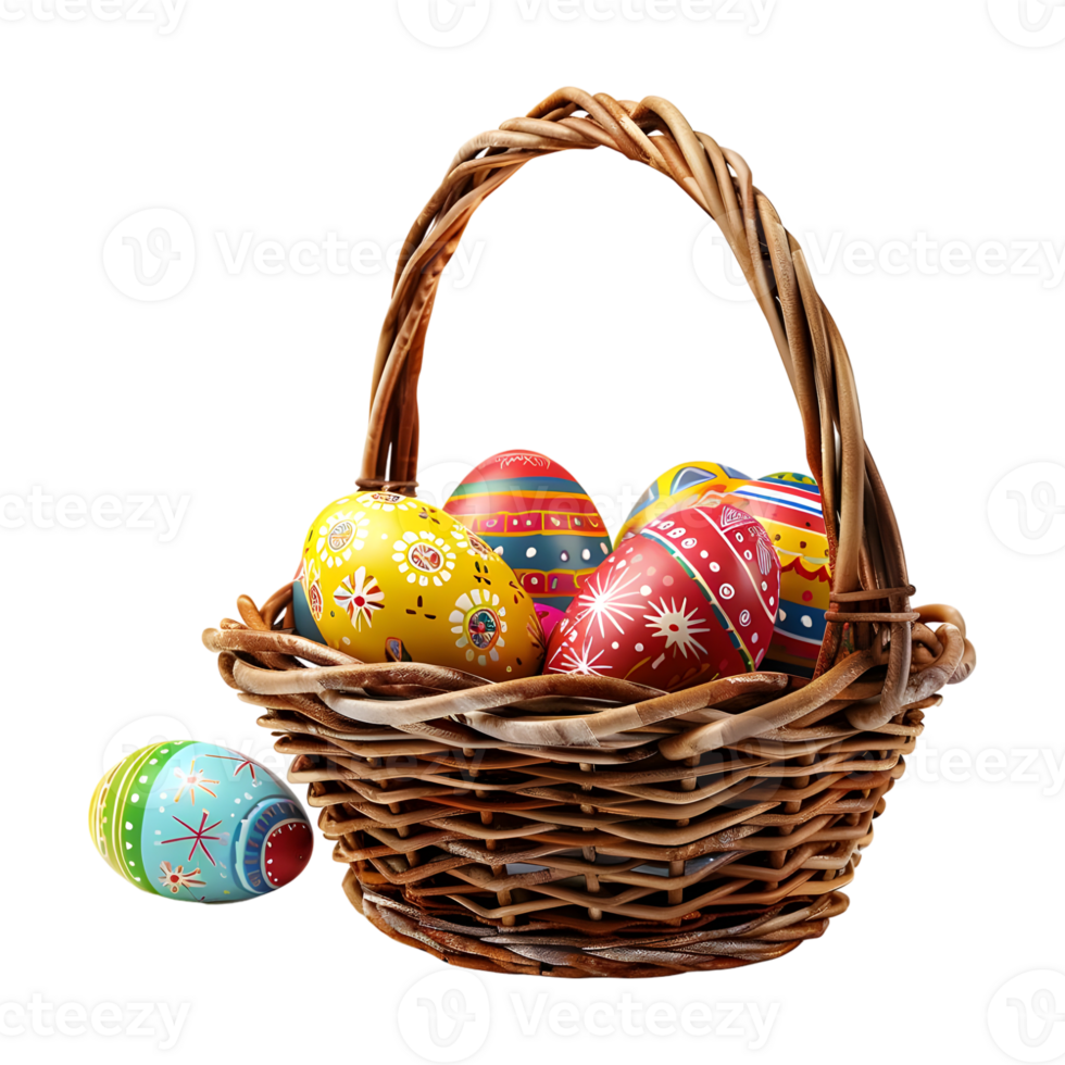 Colorful Easter Eggs in a Basket on Transparent Background png