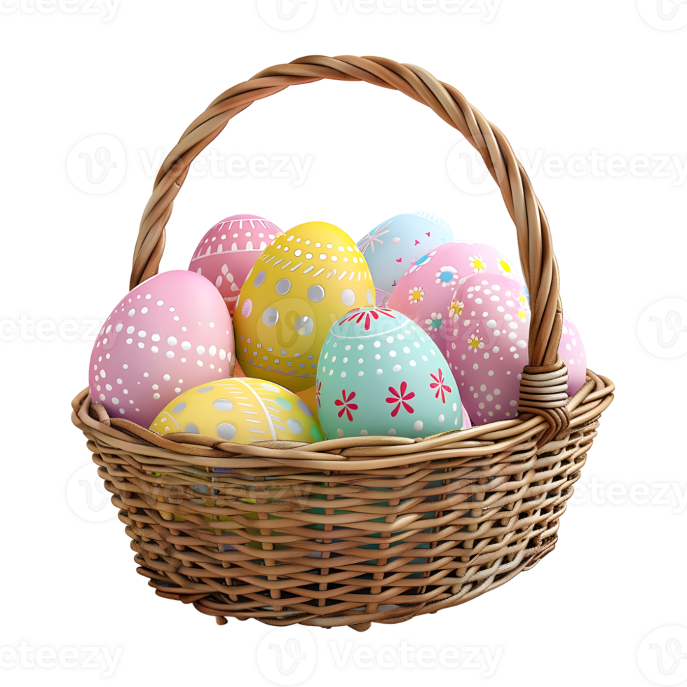 Colorful Easter Eggs in a Basket on Transparent Background png