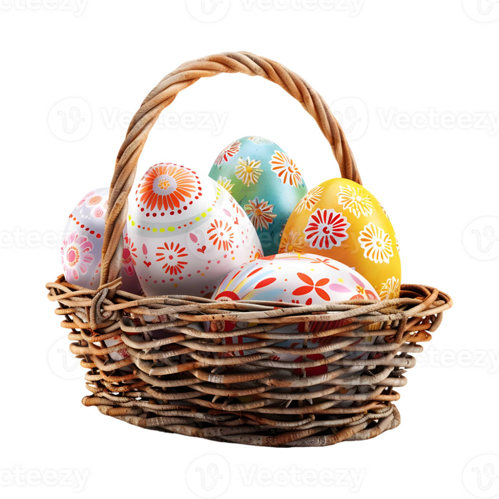Colorful Easter Eggs in a Basket on Transparent Background png