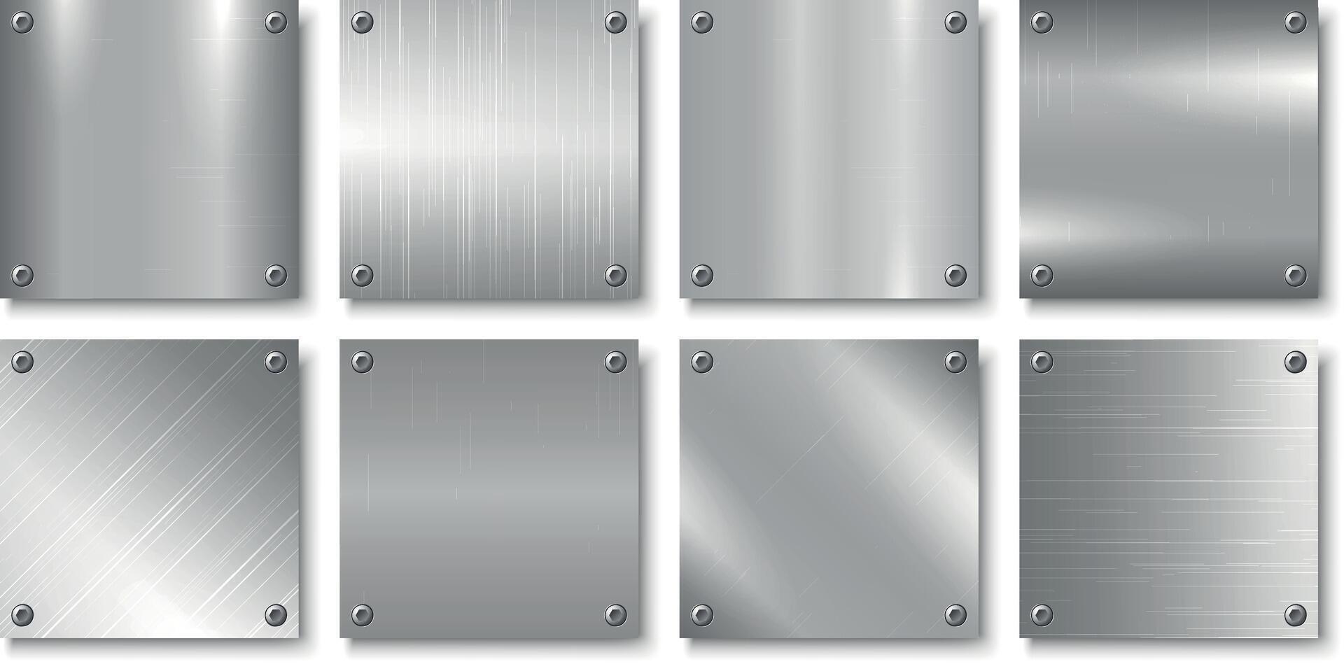 Collection of silver iron polished covers, templates, placards, brochures, banners, flyers and etc. Gray metallic sheet backgrounds. Bright stainless brushed design vector