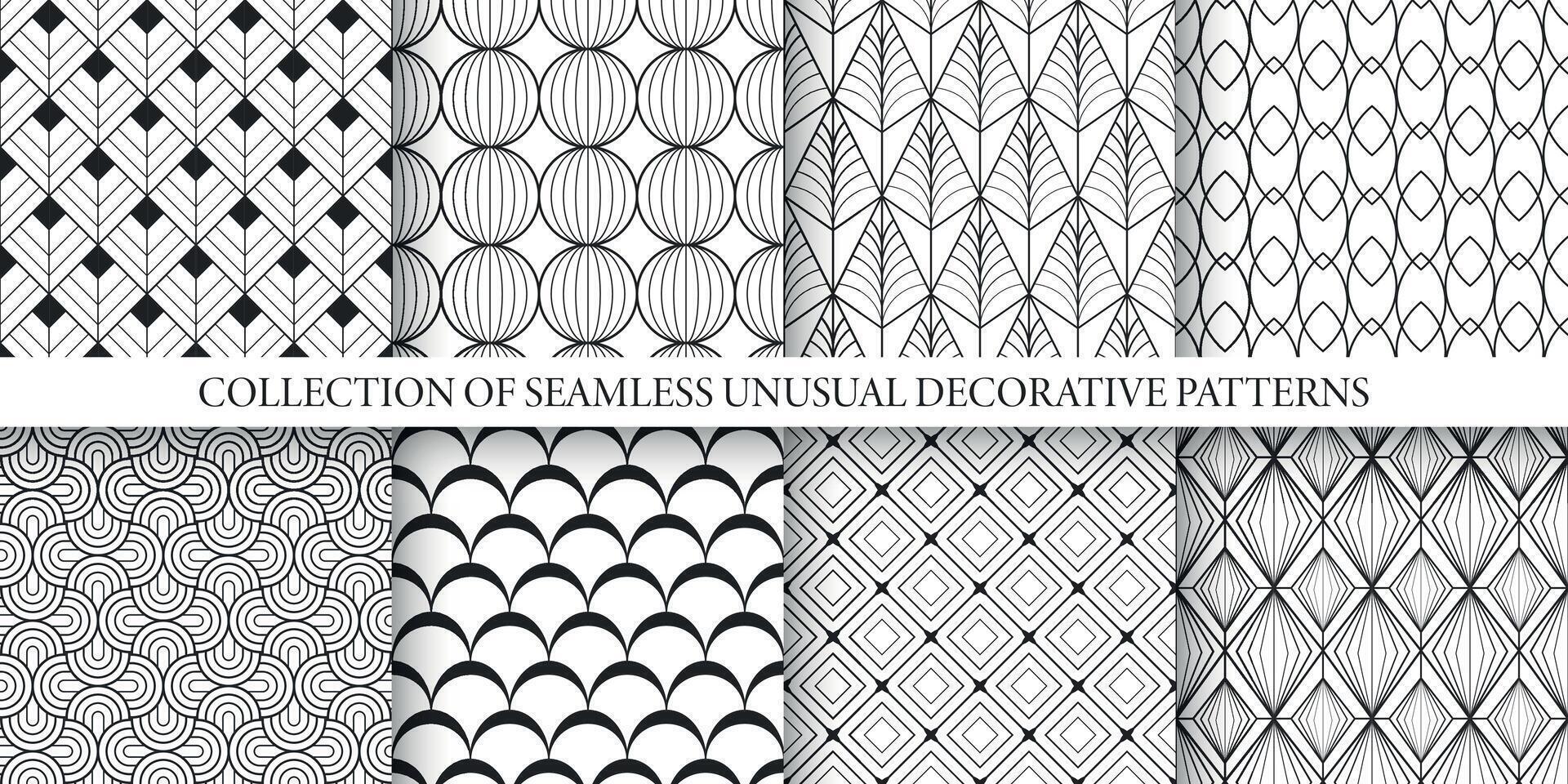 Collection of black and white ornamental seamless geometric patterns. Elegant endless art deco ornate backgrounds. Repeatable monochrome fabric prints vector