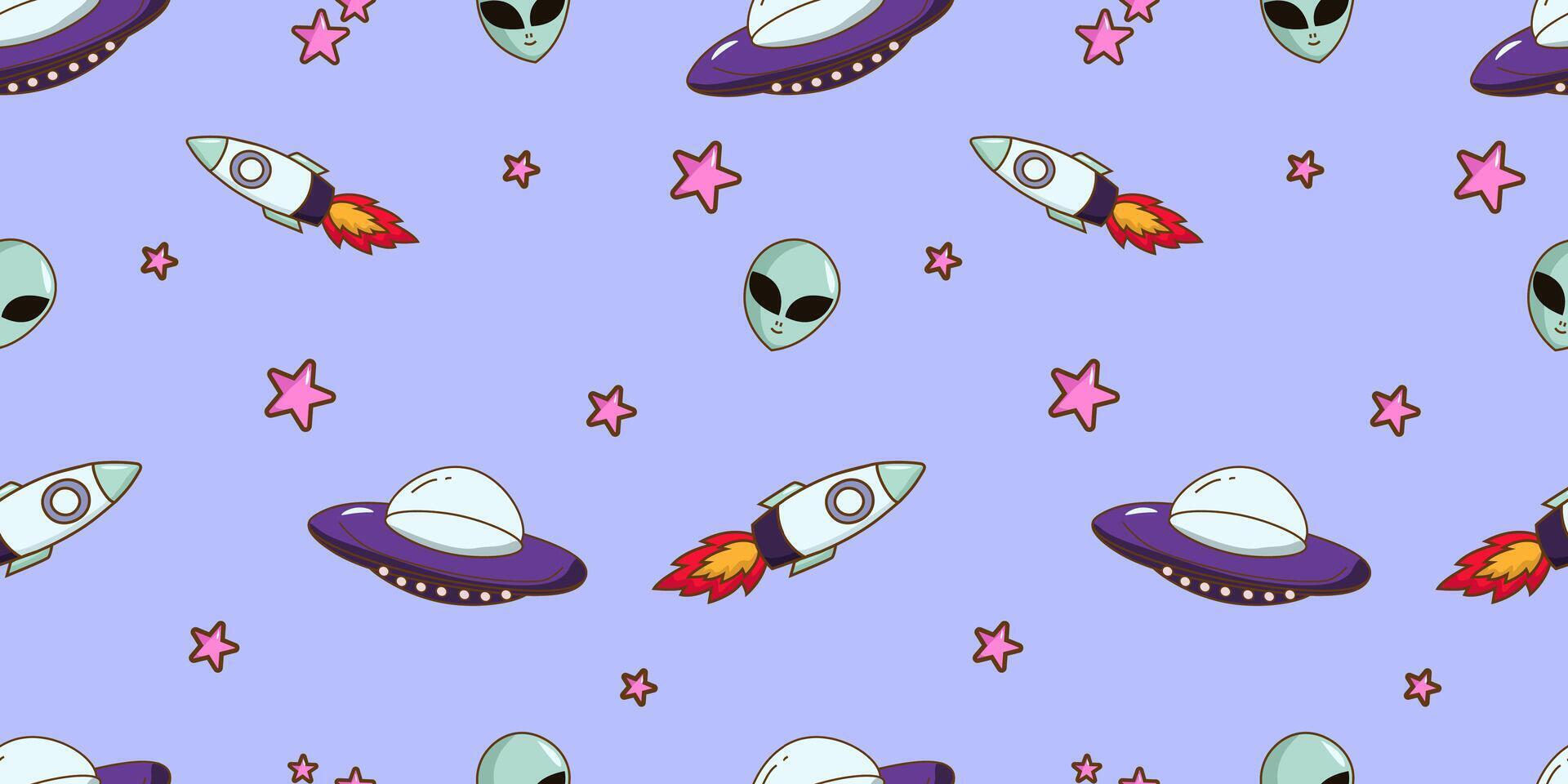 Cute and seamless on the theme of World UFO Day. Illustration with UFOs, aliens, spaceships, and stars. It can be used for wrapping paper, gift wrapping, textiles, etc. vector