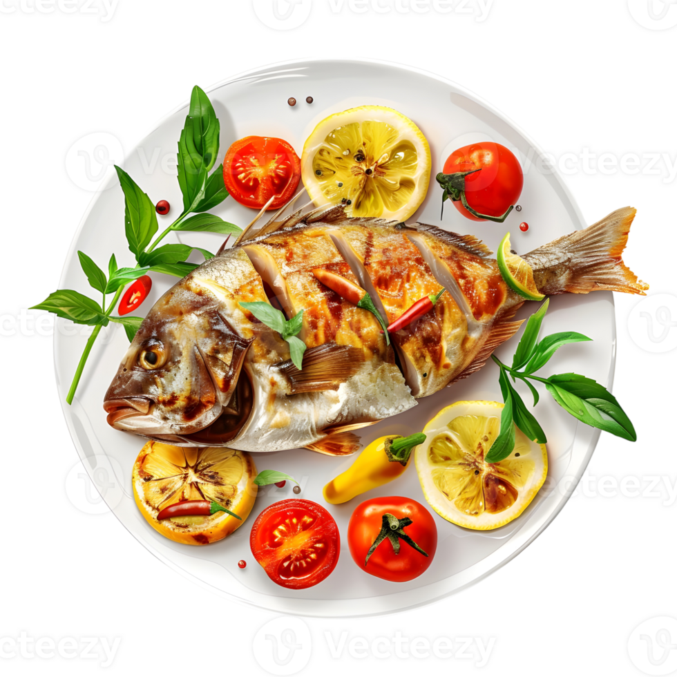 Grilled Fish in a Plate on Transparent Background png