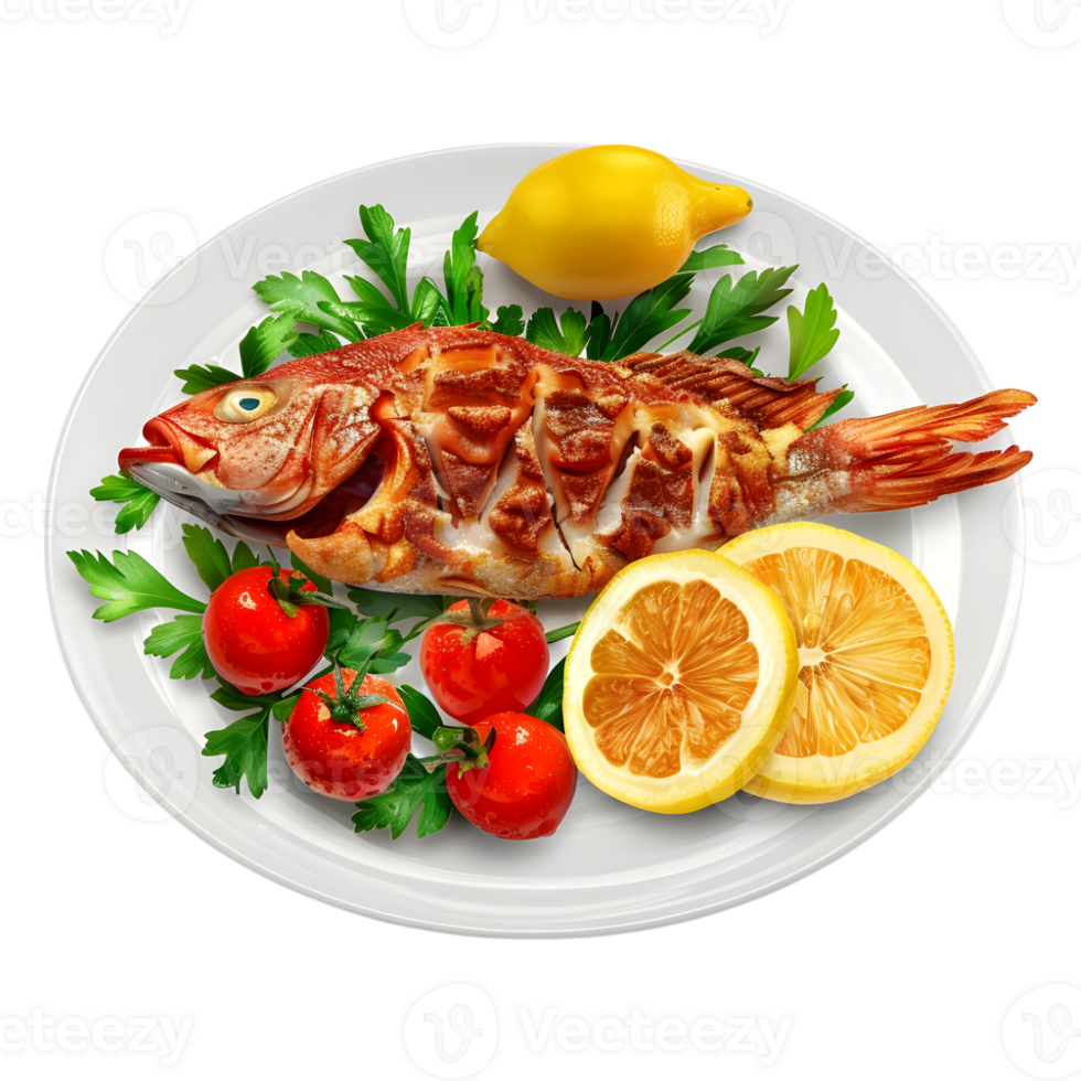 Grilled Fish in a Plate on Transparent Background png