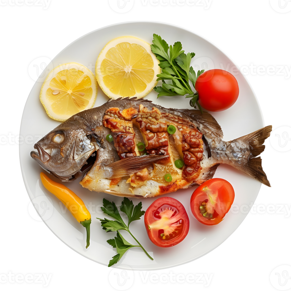 Grilled Fish in a Plate on Transparent Background png