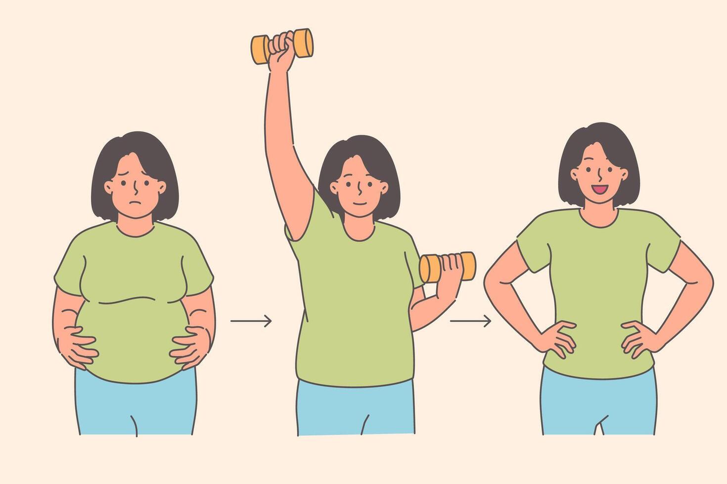 Evolution of woman losing excess weight and lifting dumbbells in gym to get rid of fat vector