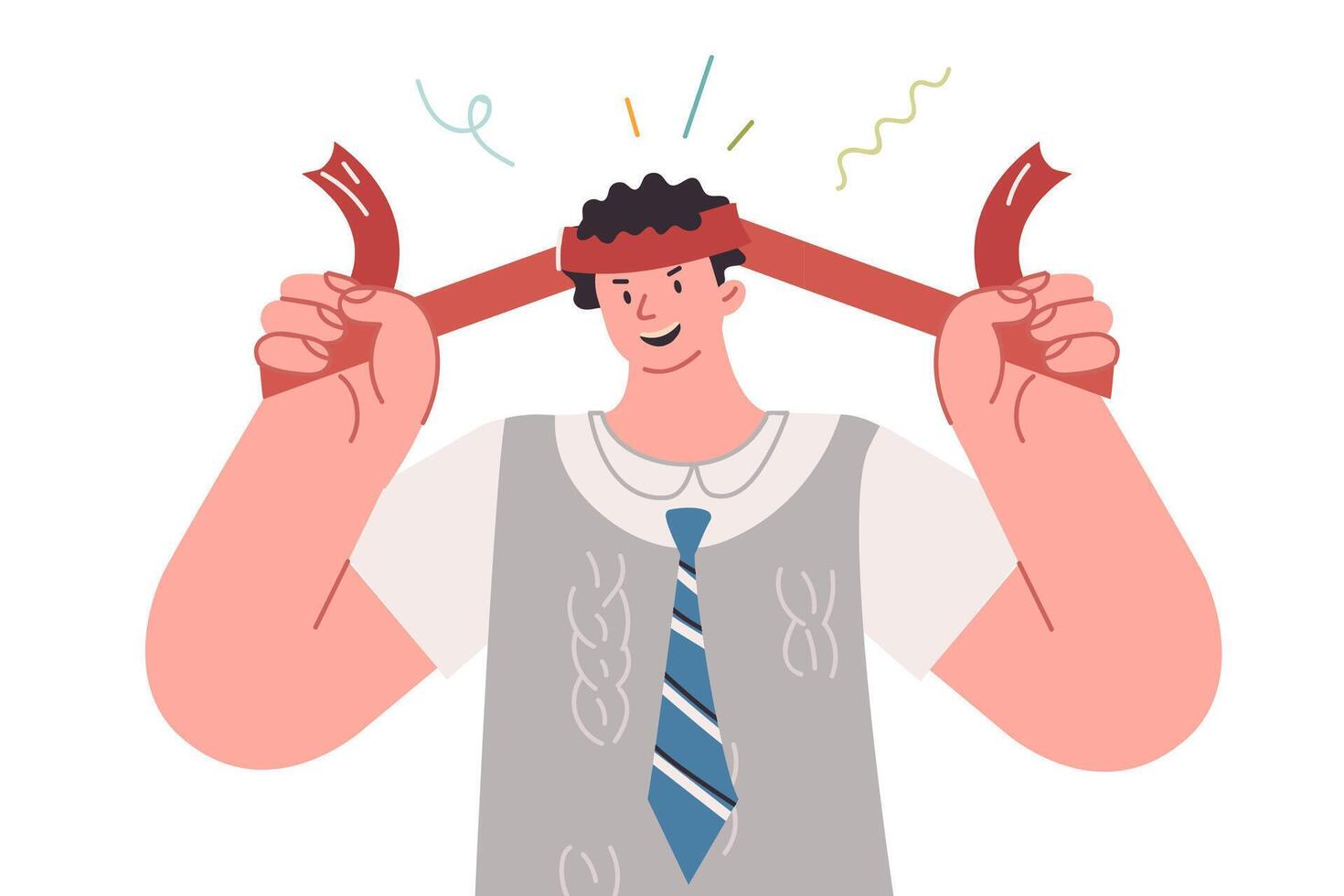 Ambitious business man is ready to work and solve complex problems, tying red bandage on forehead vector