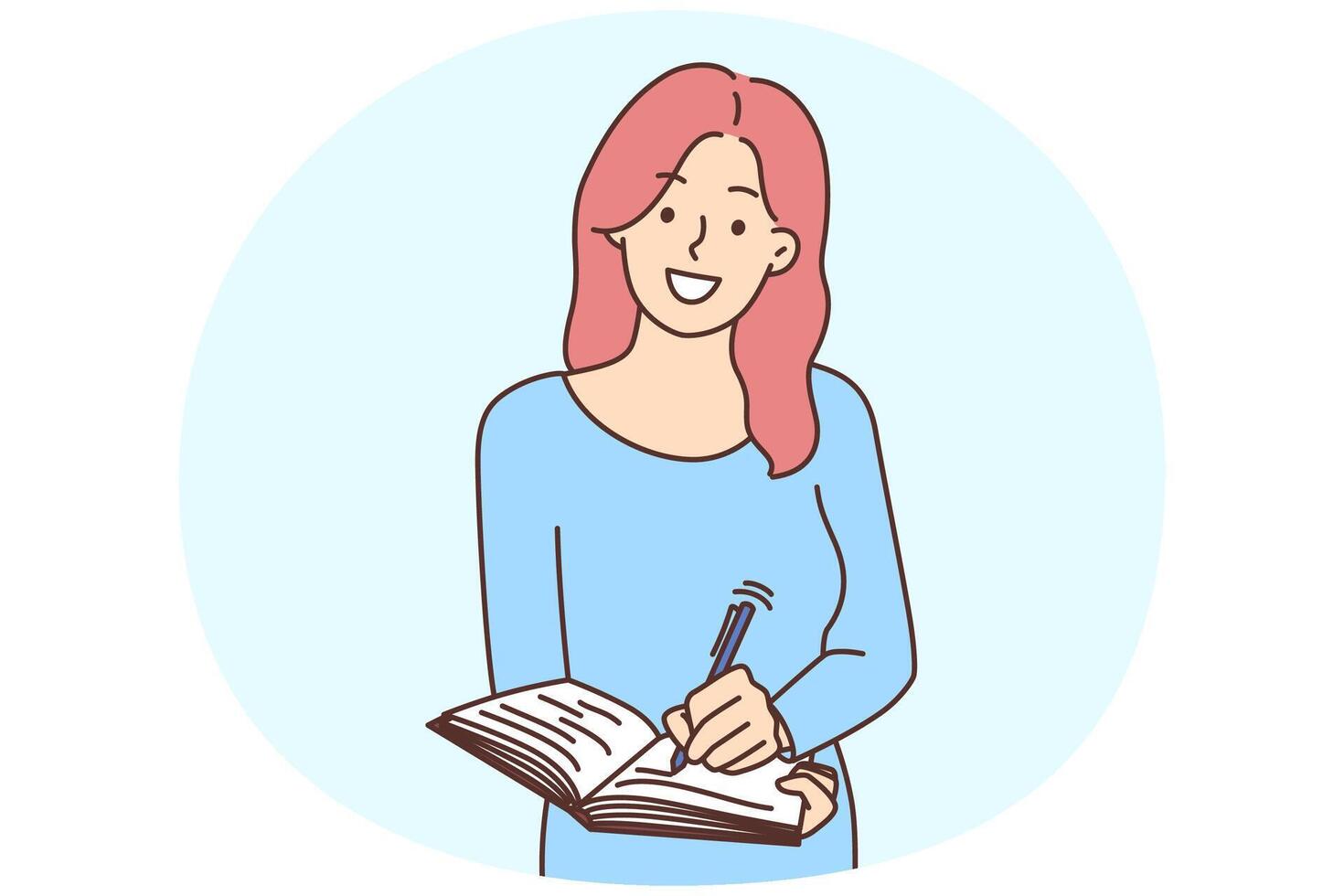 Smiling woman writing in notebook vector