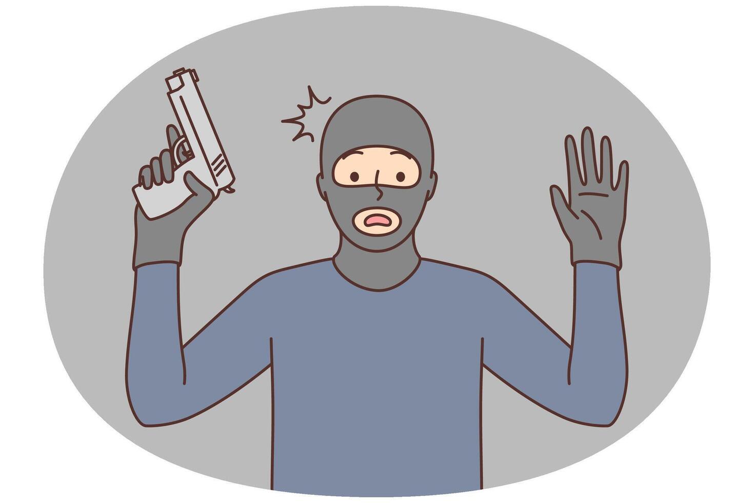 Male robber with gun raise hands up vector
