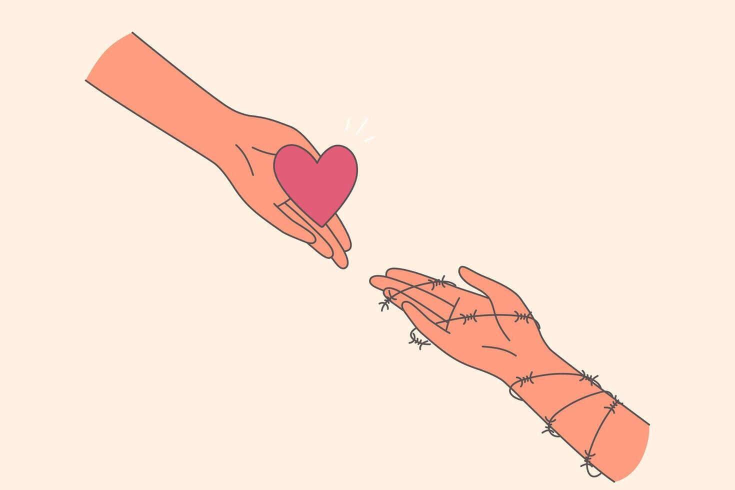Palm with loving heart reaches out to hand in prickly hole, symbolizing toxic relationships and love vector