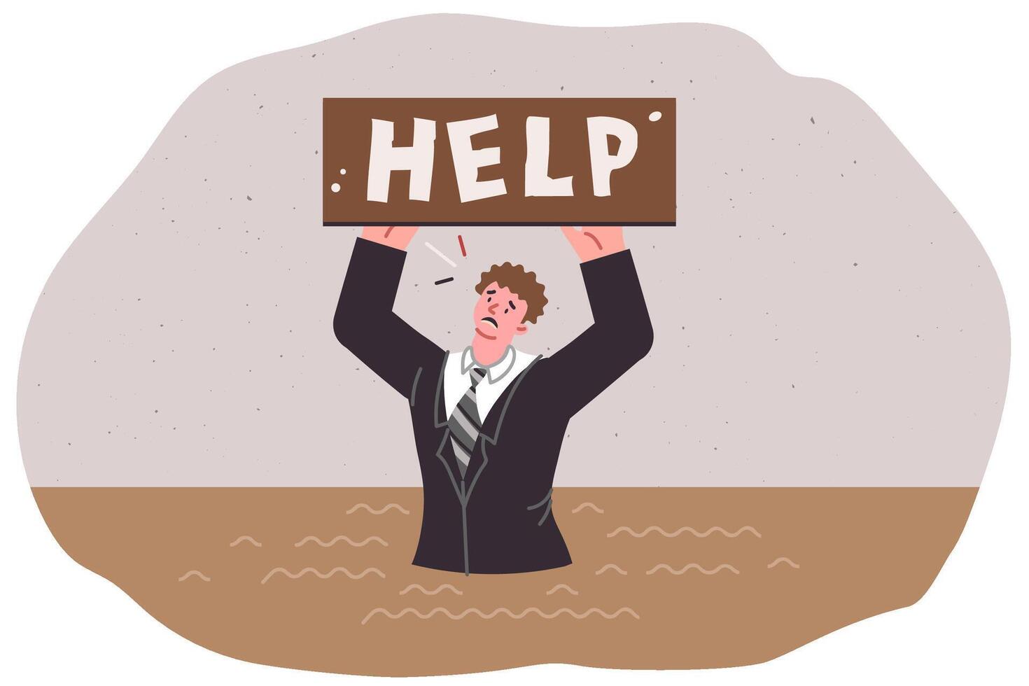 Man asks for help stuck in quicksand, as metaphor for economic crisis and problems in labor market vector