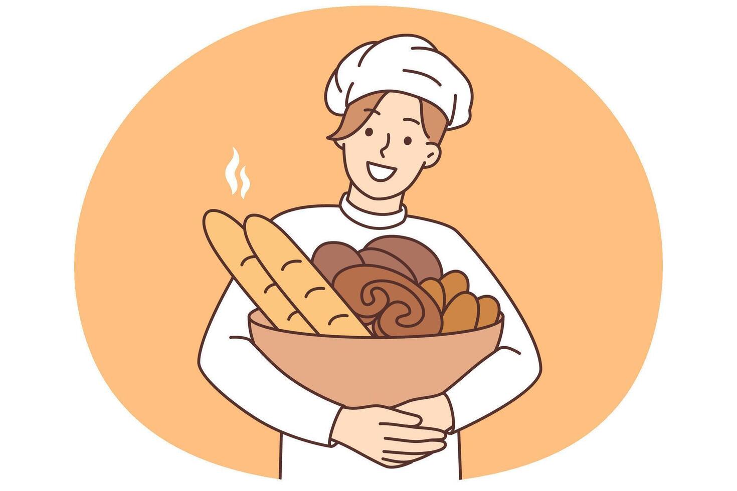 Smiling male baker with basket of fresh bread vector