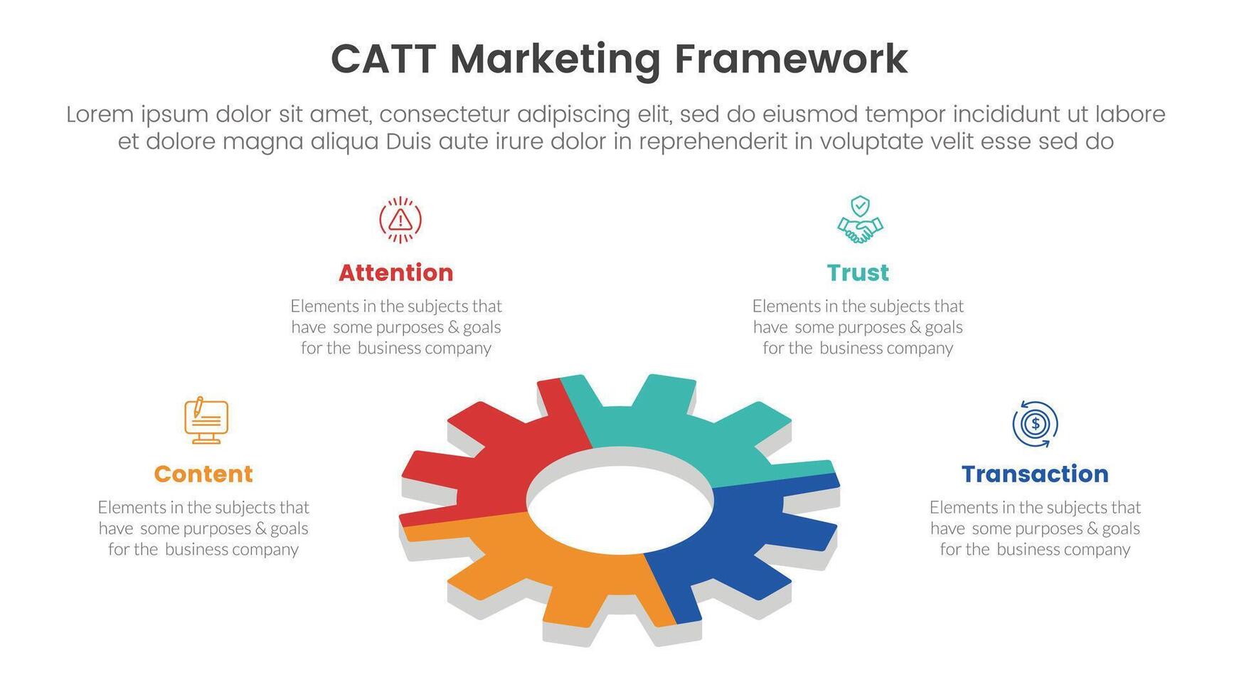 catt marketing framework infographic 4 point stage template with gear shape on 3d layout for slide presentation vector