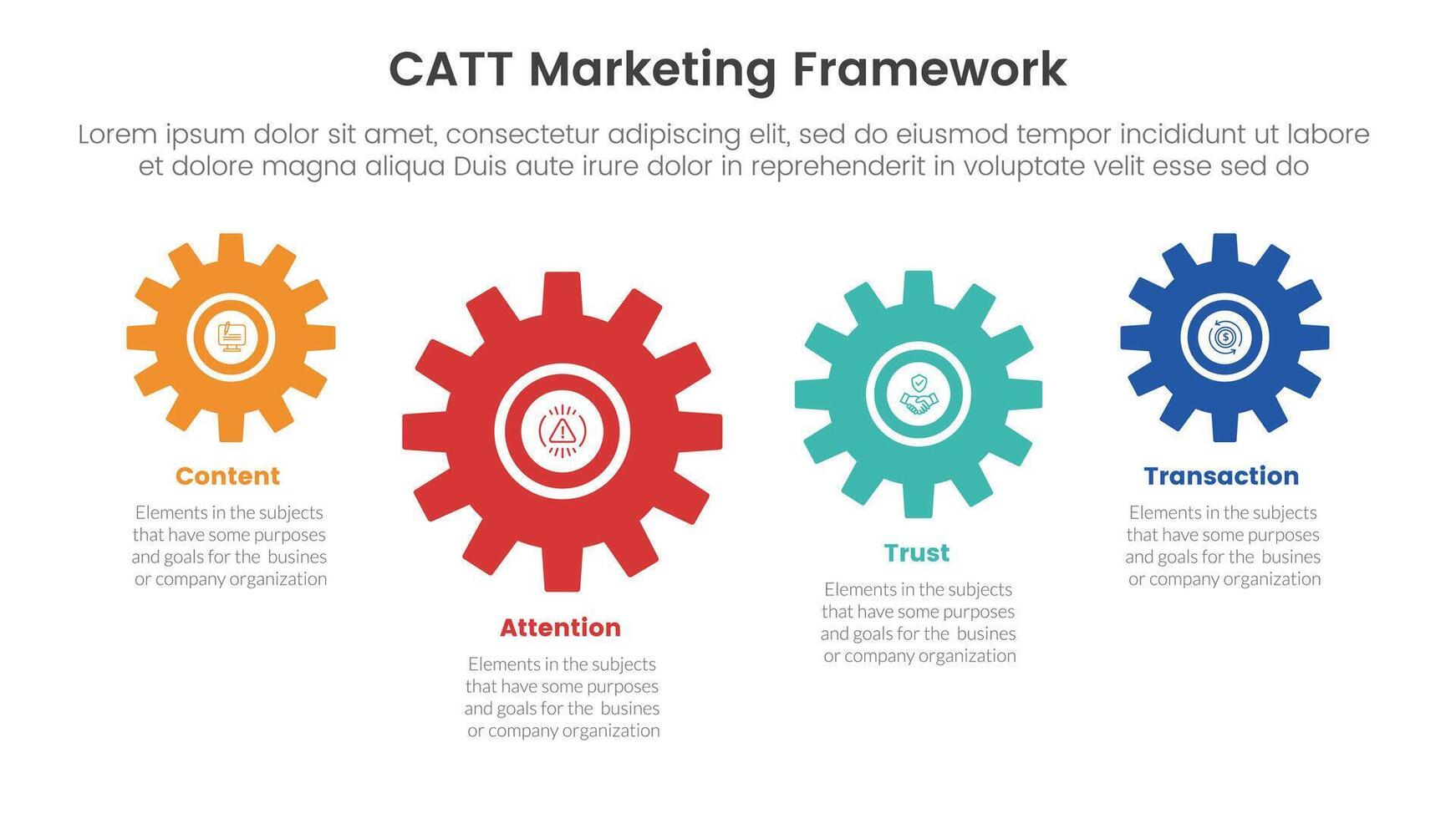 catt marketing framework infographic 4 point stage template with gear shape on horizontal line up and down for slide presentation vector