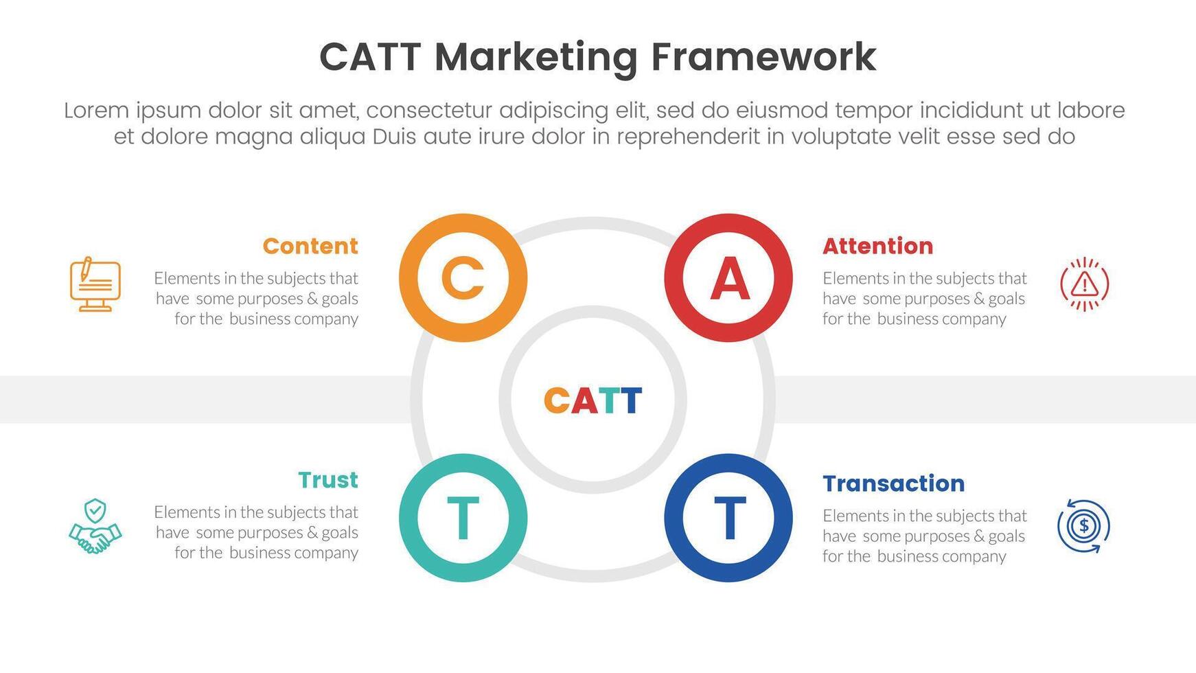 catt marketing framework infographic 4 point stage template with outline circle and small circle edge side for slide presentation vector