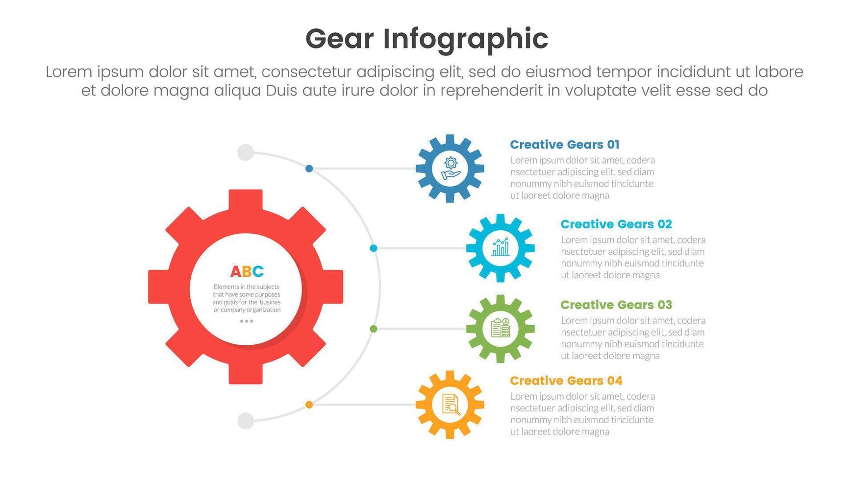 gear cogwheel infographic template banner with half circular line connection with 4 point list information for slide presentation vector
