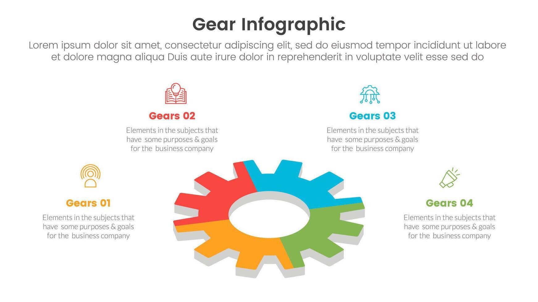 gear cogwheel infographic template banner with 3d shape on center with 4 point list information for slide presentation vector