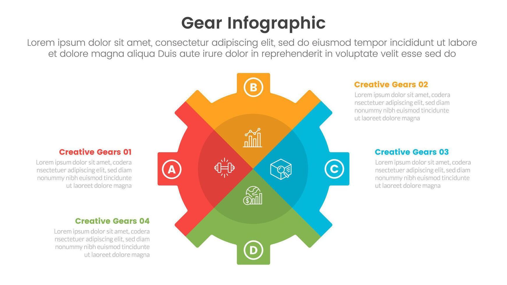 gear cogwheel infographic template banner with big shape with x slice separation with 4 point list information for slide presentation vector