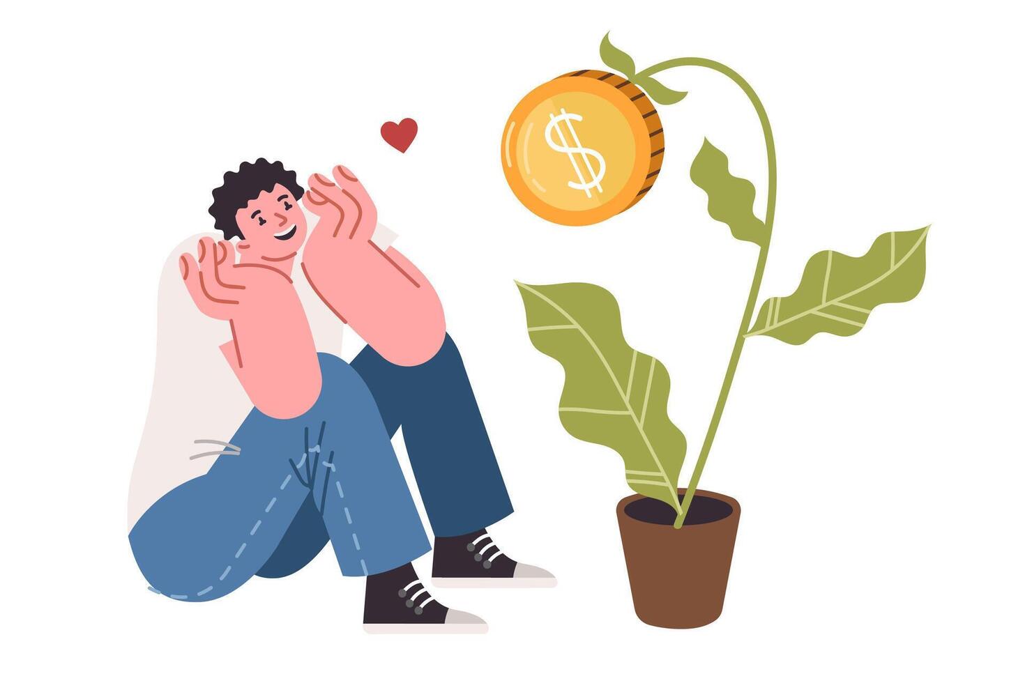 Happy guy watches potted money tree grow as metaphor for passive investment income vector