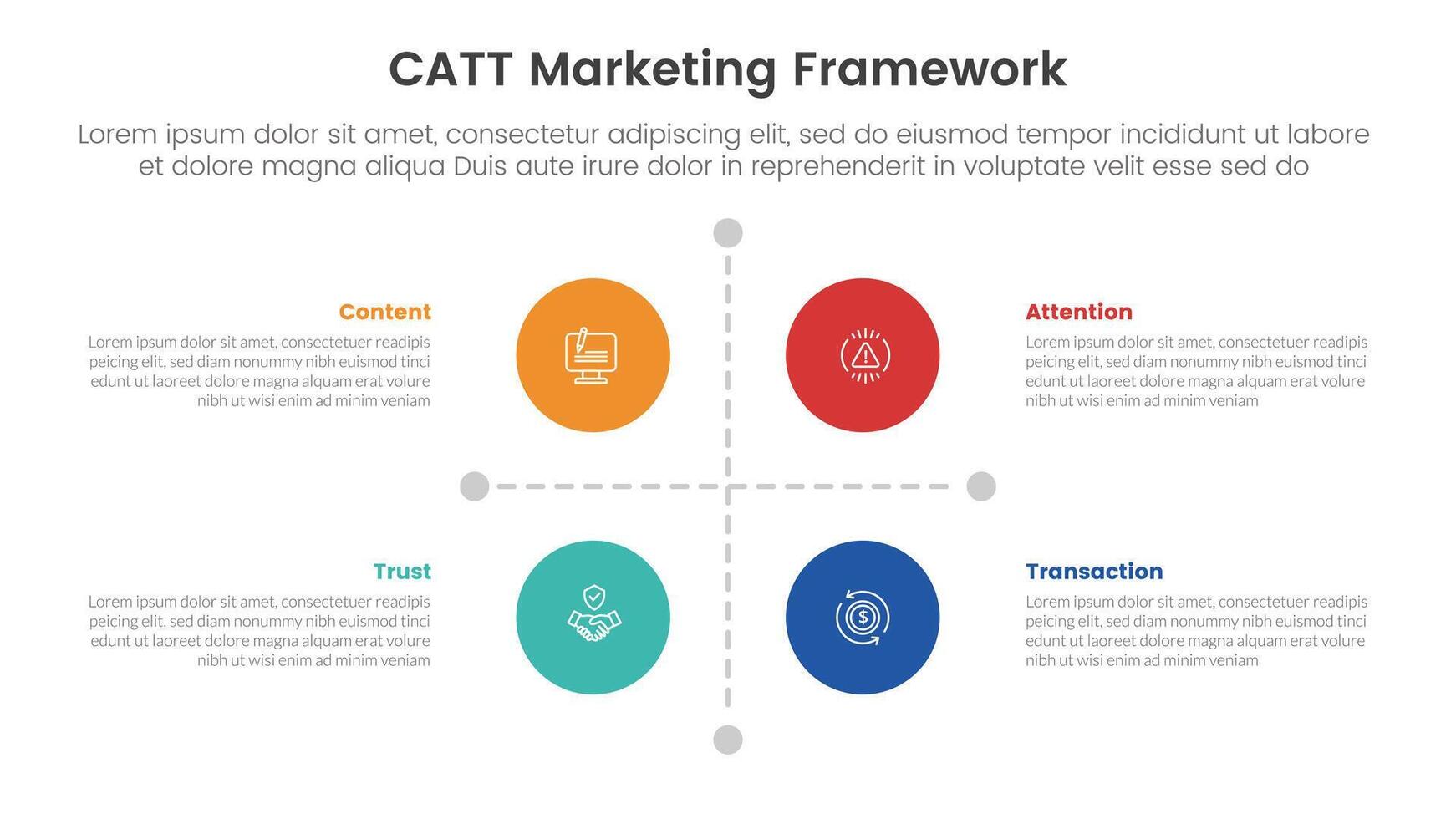 catt marketing framework infographic 4 point stage template with matrix structure with big circle center and line arrow separator for slide presentation vector