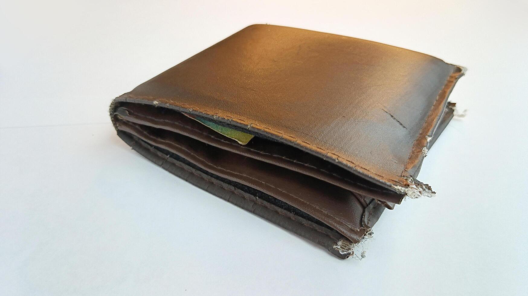 Top View brown leather wallet isolated on white photo