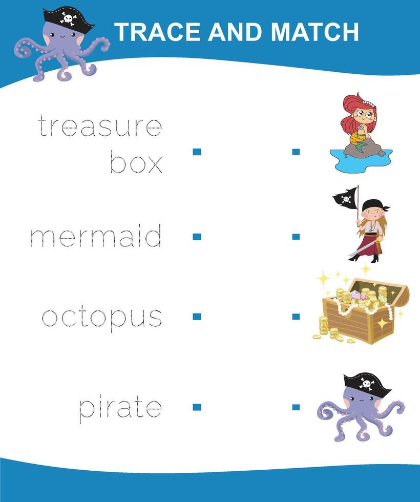 Trace and match worksheet. Tracing words and learning english vocabulary vector
