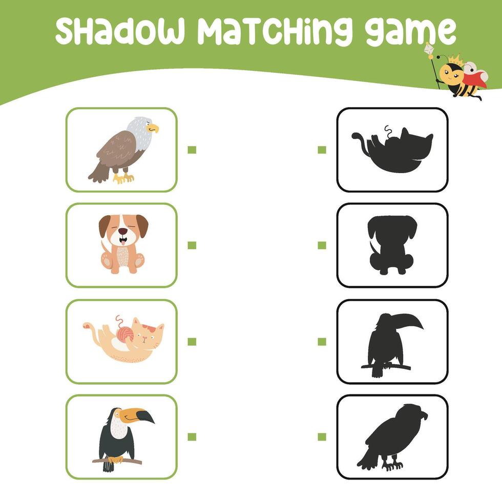 Find the correct shadow. Matching shadow with the object. Activity worksheet for children vector