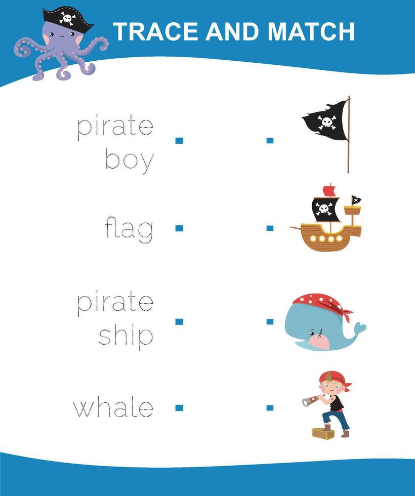 Trace and match worksheet. Tracing words and learning english vocabulary vector