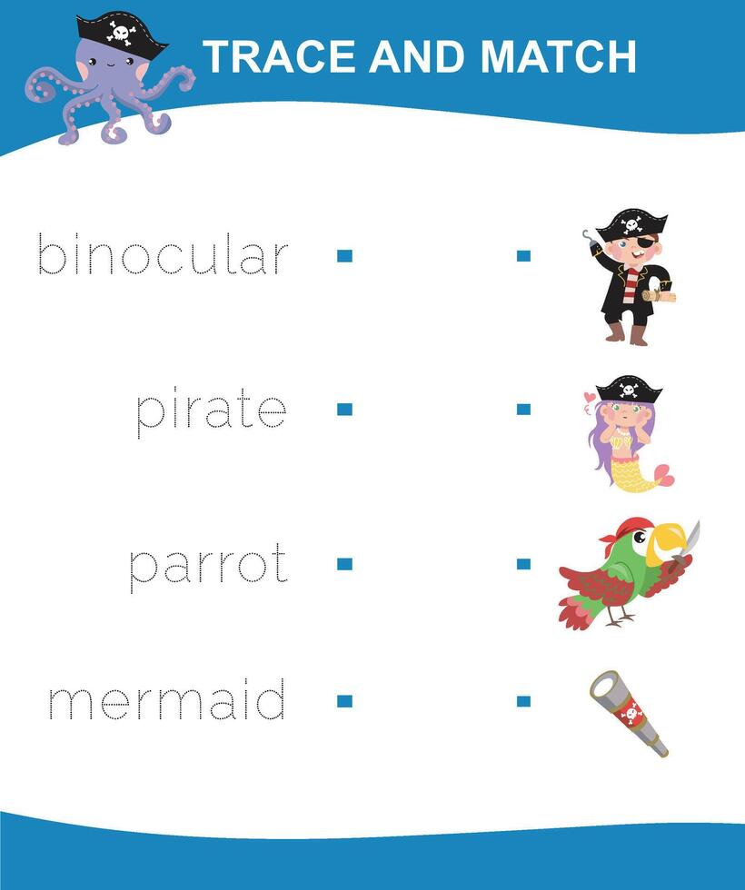 Trace and match worksheet. Tracing words and learning english vocabulary vector