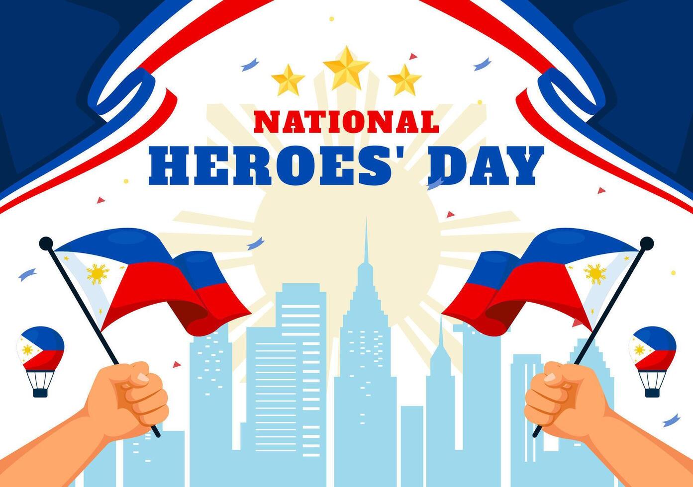 Philippines Heroes Day Illustration on August 29 with Waving Flag and Ribbon in a National Holiday Celebration, Flat Cartoon Style Background vector