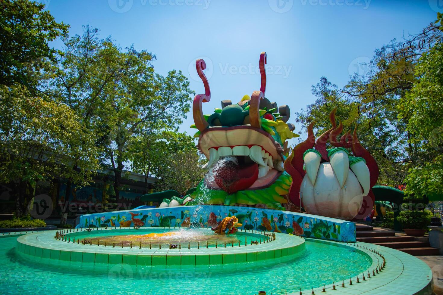 A big statue dragon at Suoi Tien park in Ho Chi Minh Vietnam wide shot photo
