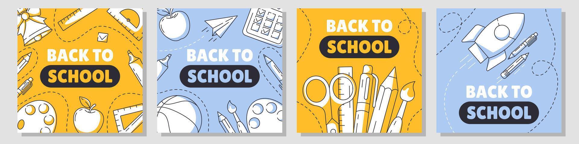 Set of back to school square poster, minimalist design with school supplies, stationery, line icons. Education, learning, knowledge concept. For social media, banner, flyer, web, post vector