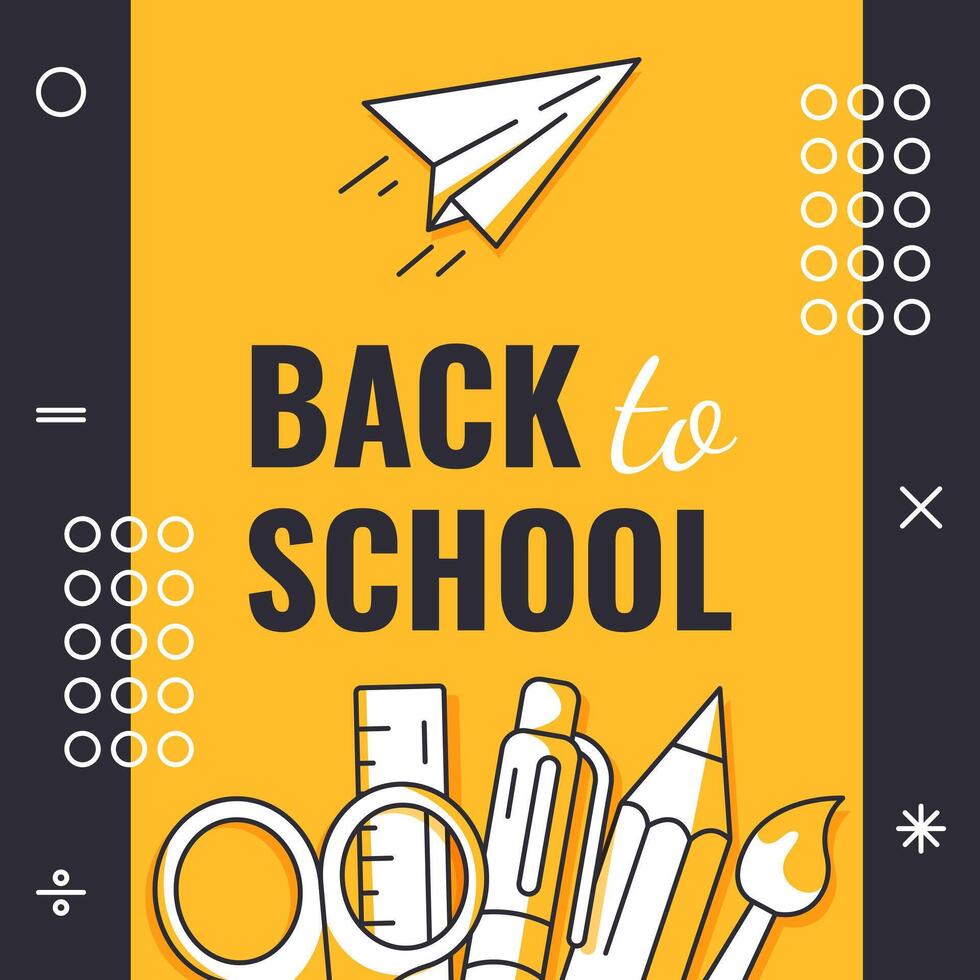 Back to school, square poster, minimalist design with school supplies, paper airplane, geometric shapes. Education, learning, knowledge concept. For social media, banner, flyer, card, post vector